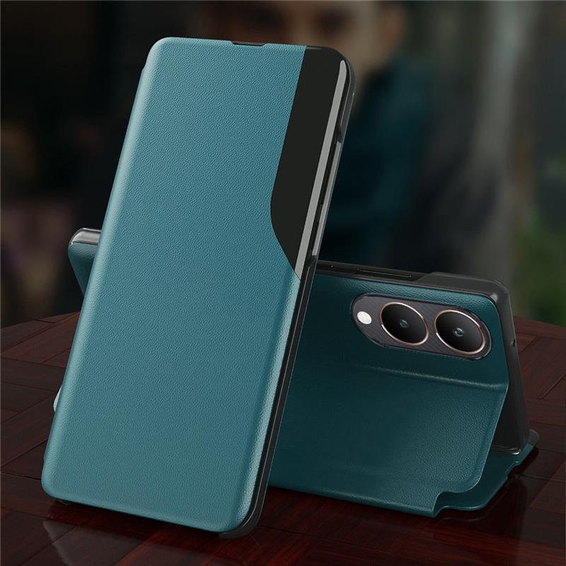 A blue leather flip case for a Vivo Y28 5G smartphone