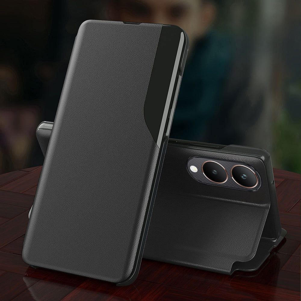 A Black leather flip case for a Vivo Y28 5G smartphone