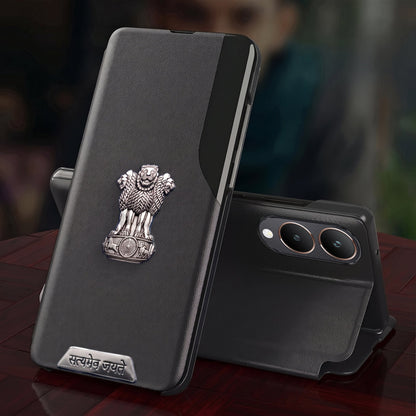 Vivo Y28 5G Metal Satyamev Jayate 2-in-1 Emblem Half-Window Leather Flip Case