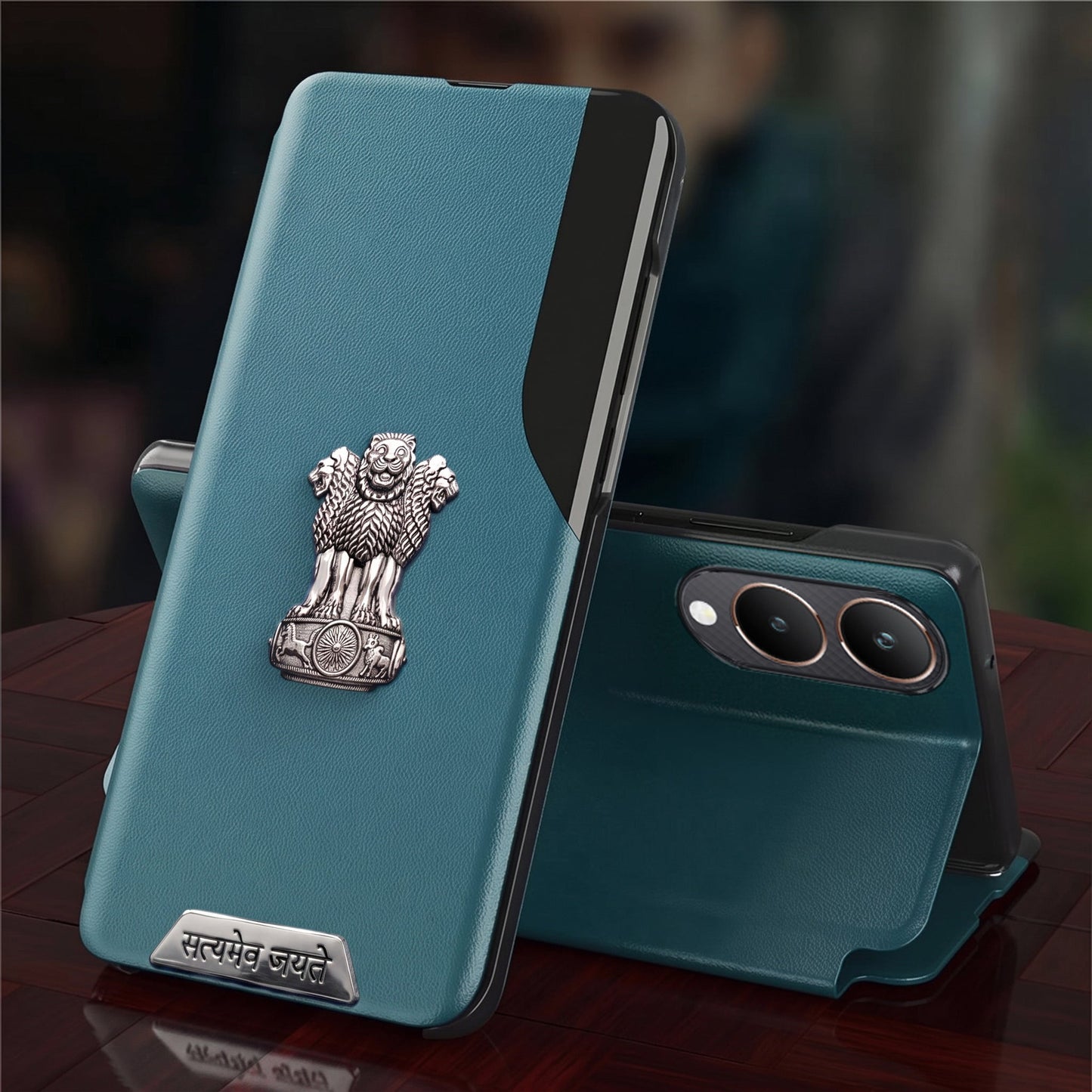 Vivo Y28 5G Metal Satyamev Jayate 2-in-1 Emblem Half-Window Leather Flip Case