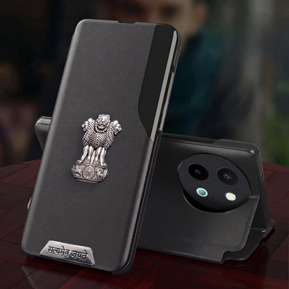 Vivo Y58 5G Metal Satyamev Jayate 2-in-1 Emblem Half-Window Leather Flip Case