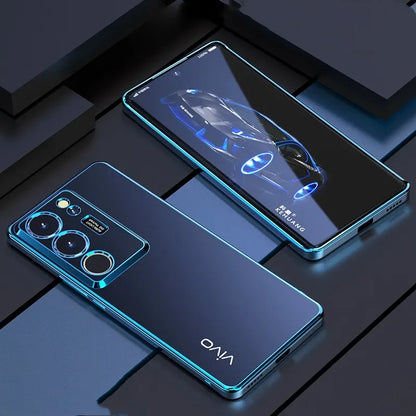 A luxury smartphone case with a sleek electroplated design, featuring a glossy blue outline and a matte back. The case is shown around a smartphone, highlighting its fit and design.