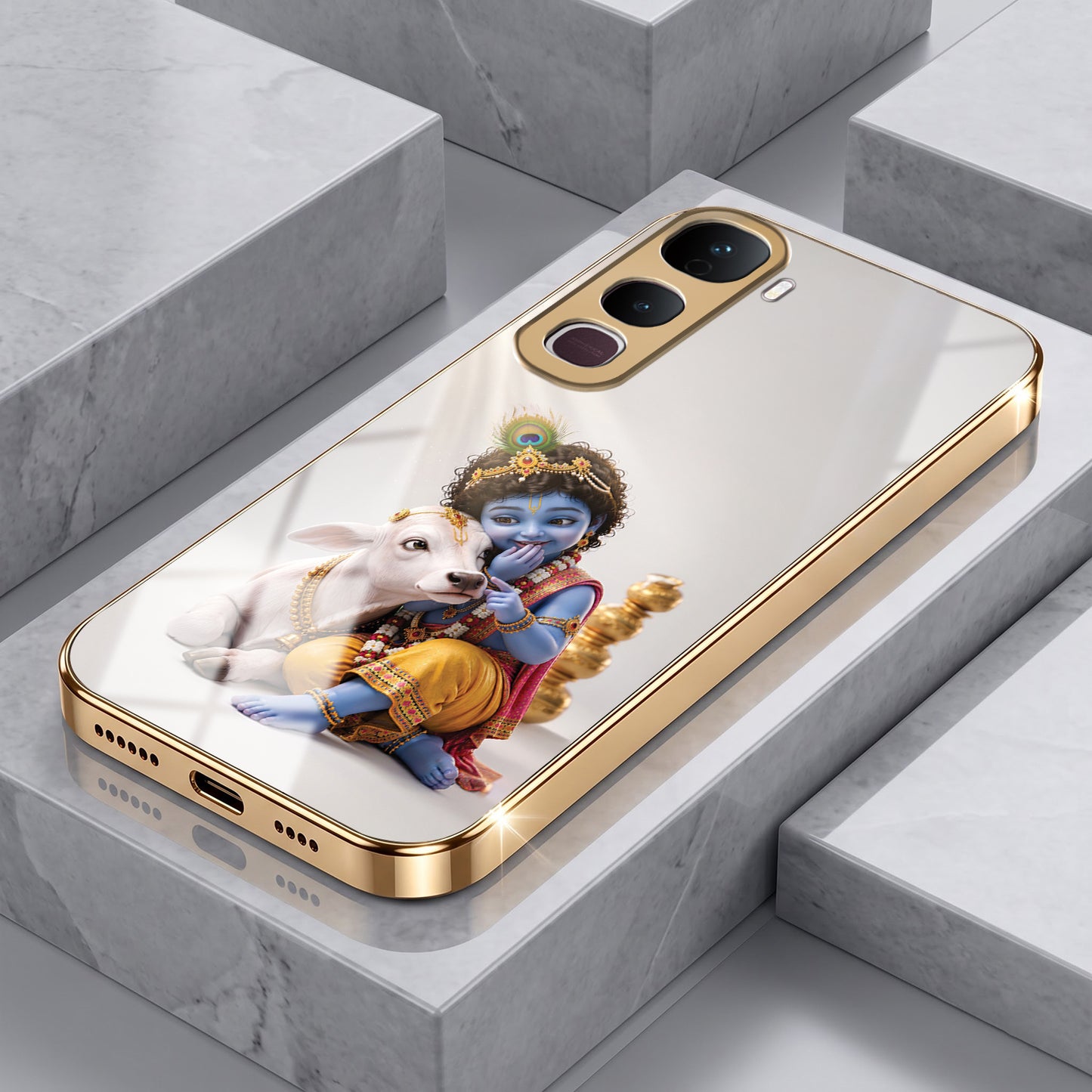 Vivo Y400 Pro Bal Krishna Blessings Gold Electroplated Glass Phone Back Case
