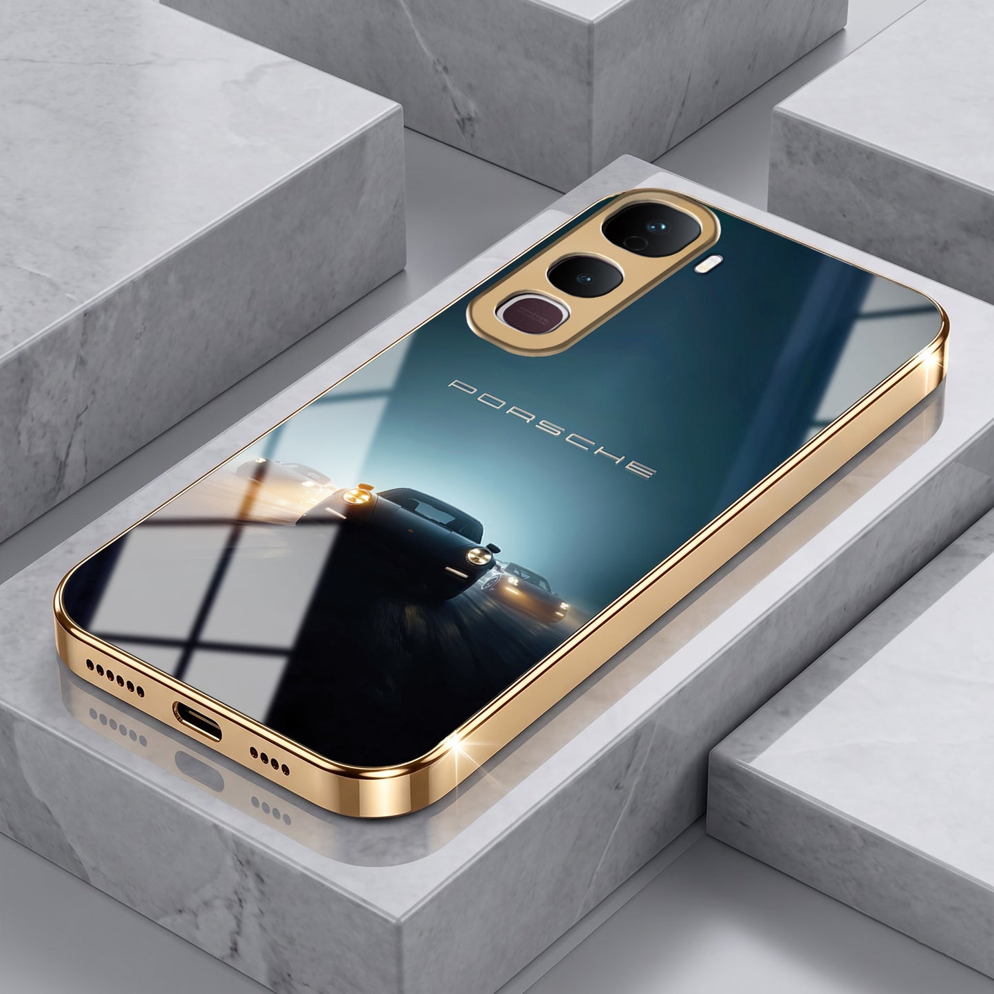 Vivo Y400 Pro Porsche Luxury Gold Electroplated Glass Phone Back Case