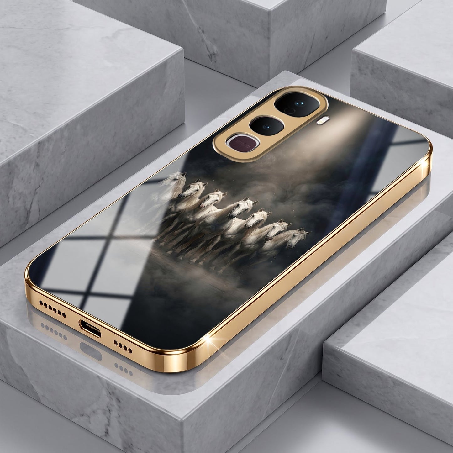 Vivo Y400 Pro 5G Running Horses Gold Electroplated Glass Phone Back Case