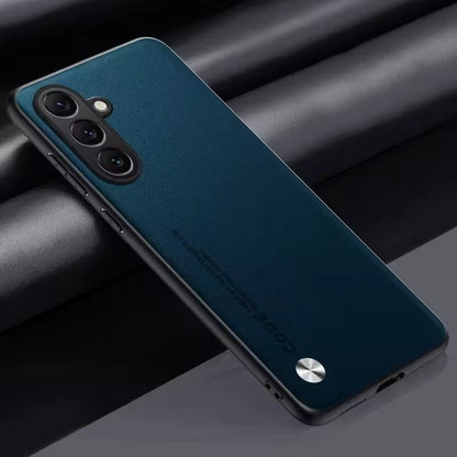 A Samsung Galaxy A35 5G smartphone with a blue protective back case featuring a vegan leather grain texture.