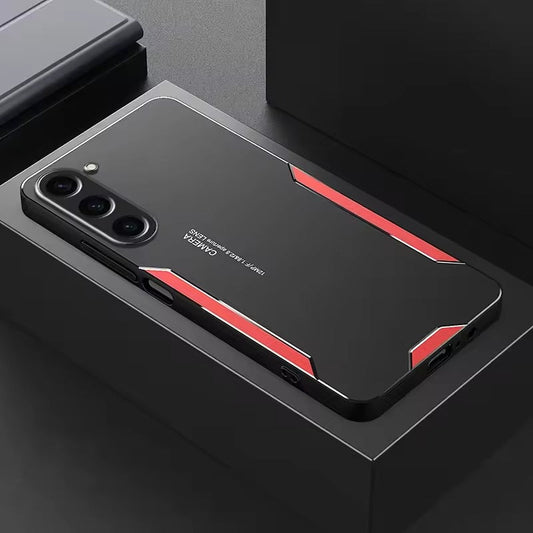 A black Samsung Galaxy A35 5G smartphone in a luxury aluminium metal frame protective case with red accents.