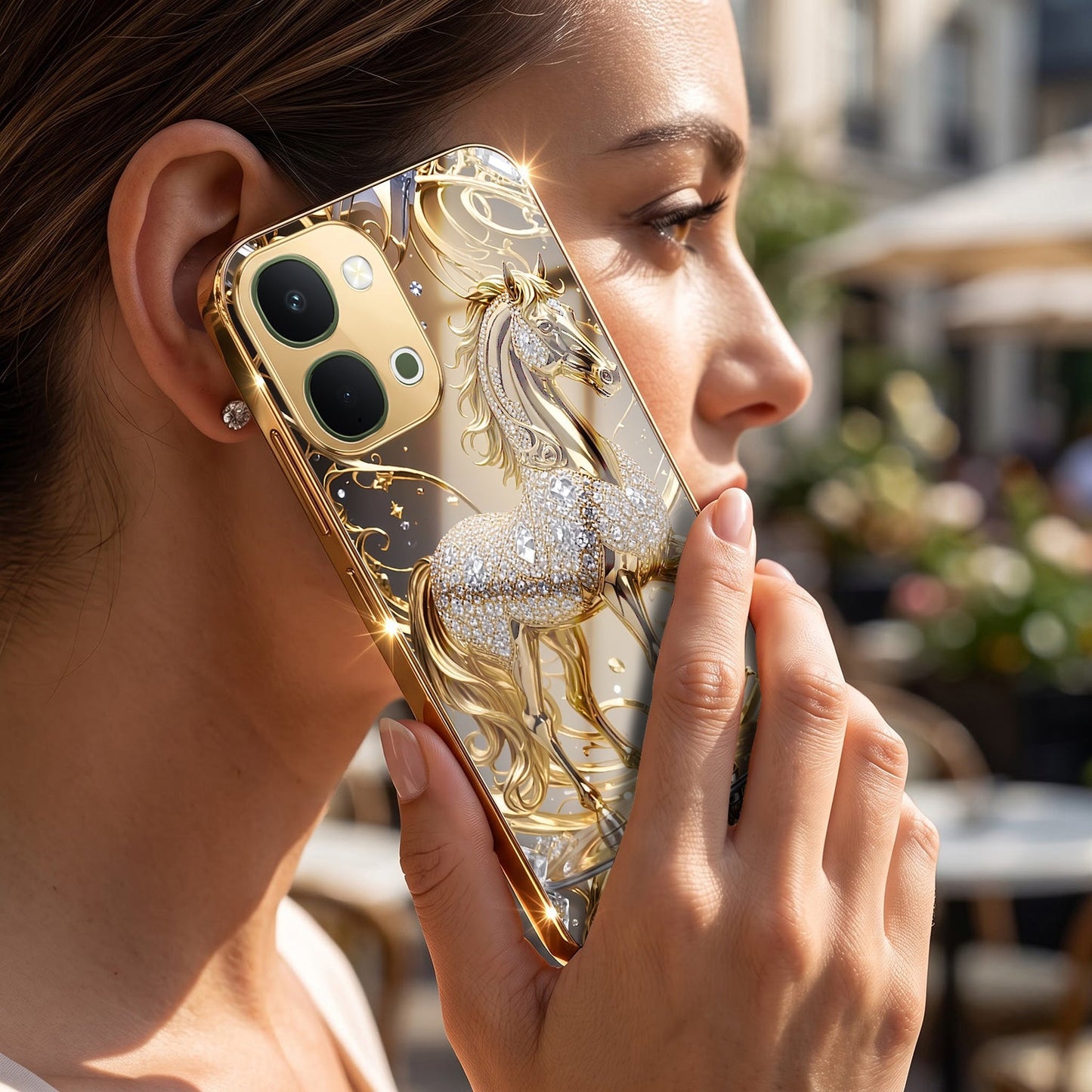 Vivo T5X 5G Luxury Horse Texture Gold Electroplated Glass Phone Back Case