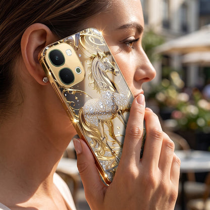 Vivo Y51 Pro 5G Luxury Horse Texture Gold Electroplated Glass Phone Back Case