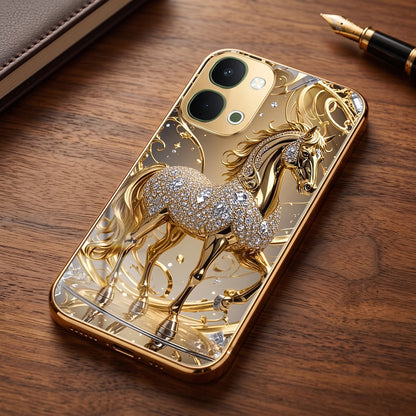 Vivo T5X 5G Luxury Horse Texture Gold Electroplated Glass Phone Back Case