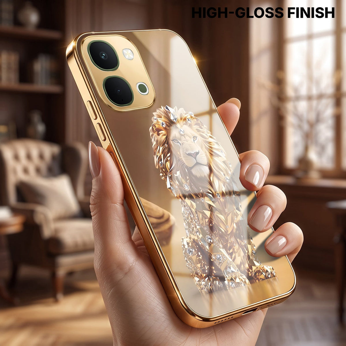 Vivo T5X 5G Luxury Lion Gold Electroplated Glass Phone Back Case