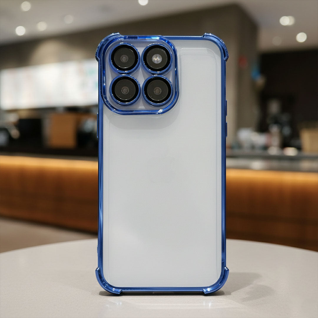 Motorola Edge 60 Pro 5G Phone case with blue frame and clear back on a blurred indoor background