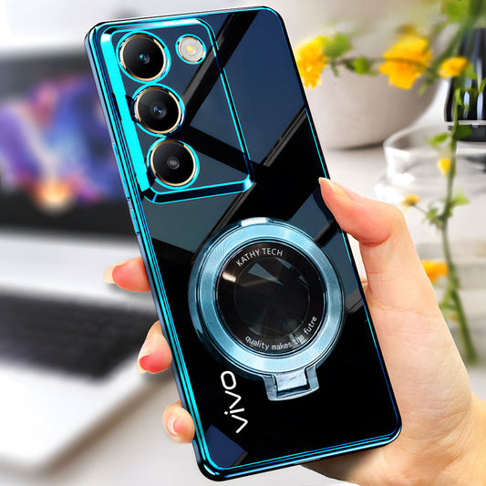 Person holding a blue and black phone case with 'vivo' branding
