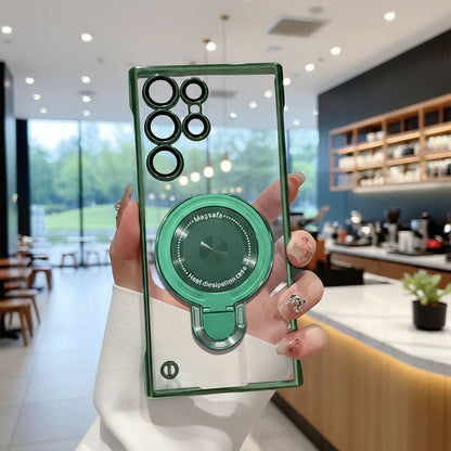 Samsung Galaxy S23 Ultra 5G Green phone case with camera lens protector held in a hand, blurred cafe interior in the background