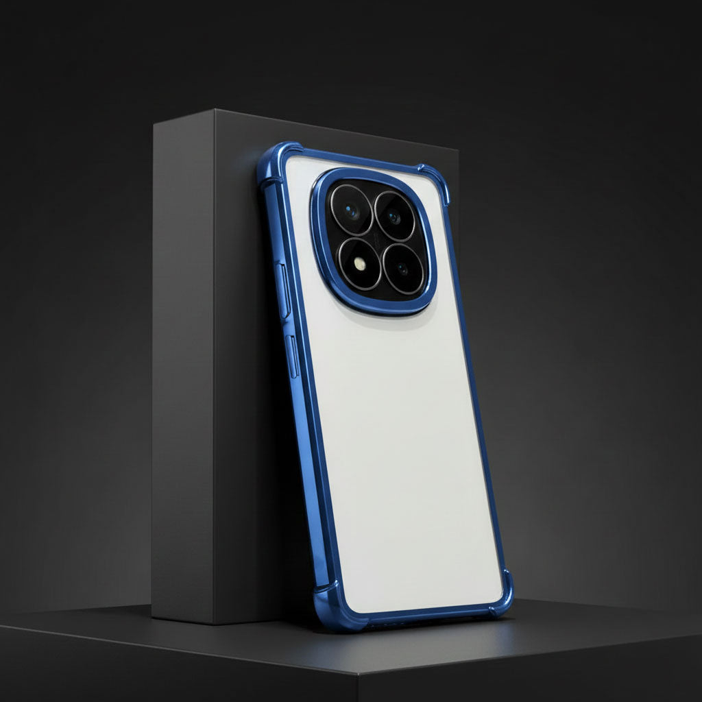 Redmi Note 14 Pro Plus 5G Phone case with blue frame and white back on a dark background
