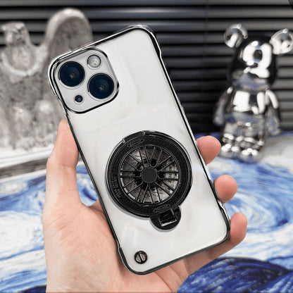 iPhone 15 Plus Phone case with car wheel design held by a hand, with decorative background