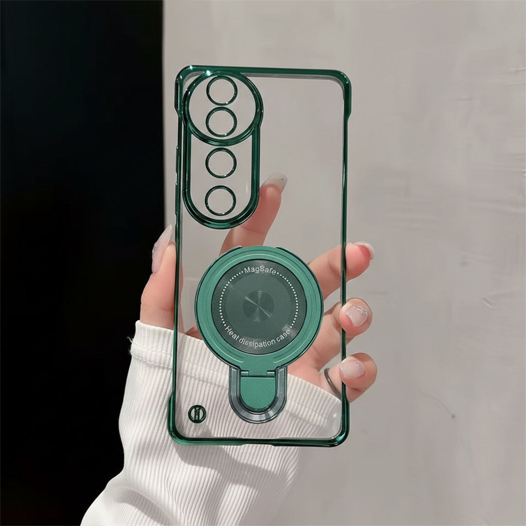 Vivo V40 Pro 5G Green phone case with camera lens protector and stand held by a hand against a neutral background