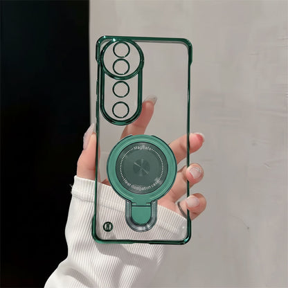 Vivo V40 Pro 5G Green phone case with camera lens protector and stand held by a hand against a neutral background