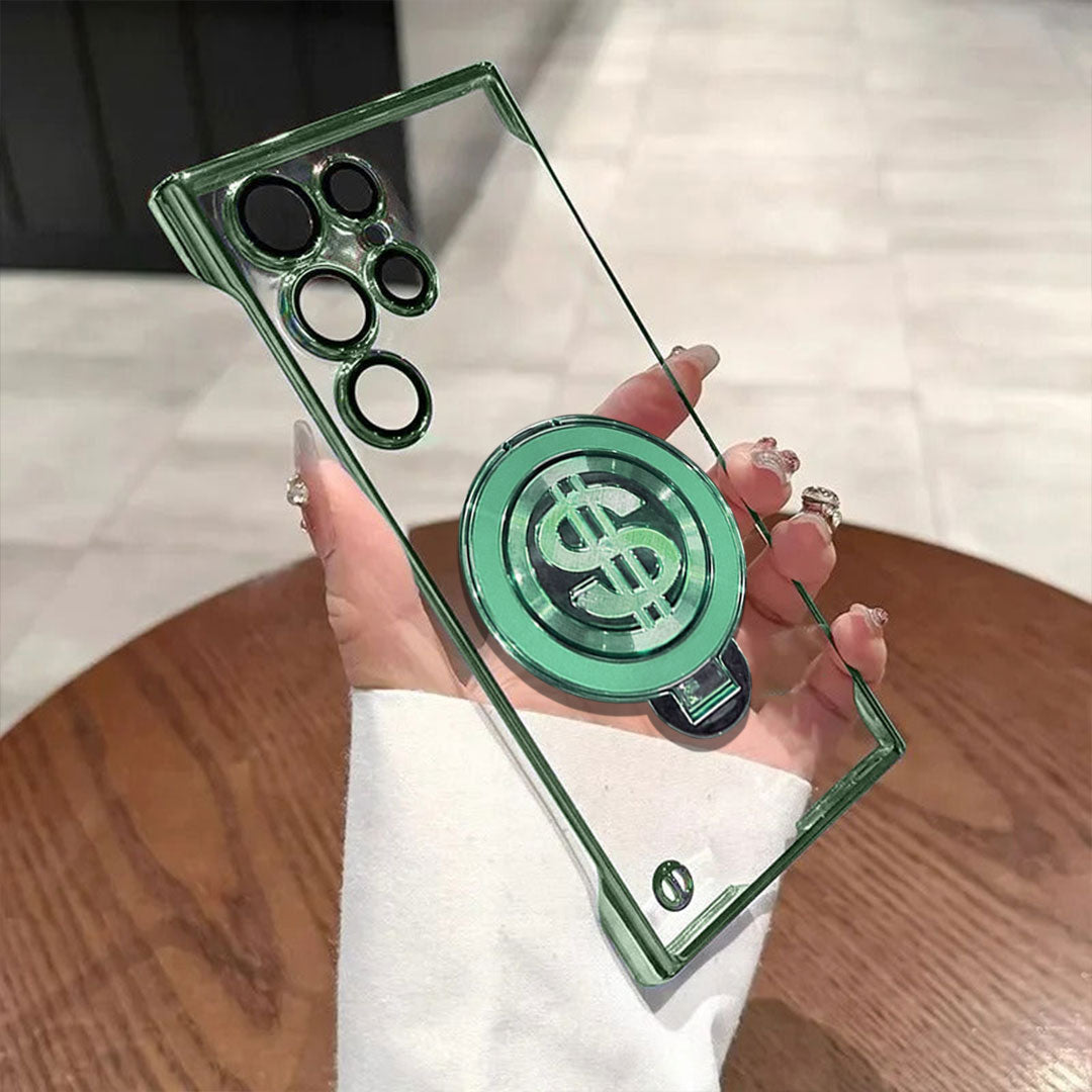 Samsung Galaxy S23 Ultra 5G Clear phone case with green dollar sign design held by a hand on a wooden surface.