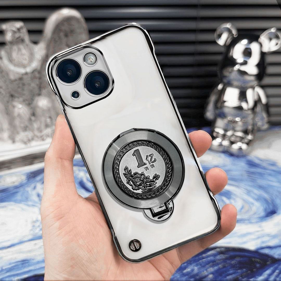 iPhone 15 Plus Phone case with a ring holder held by a hand, with a decorative background
