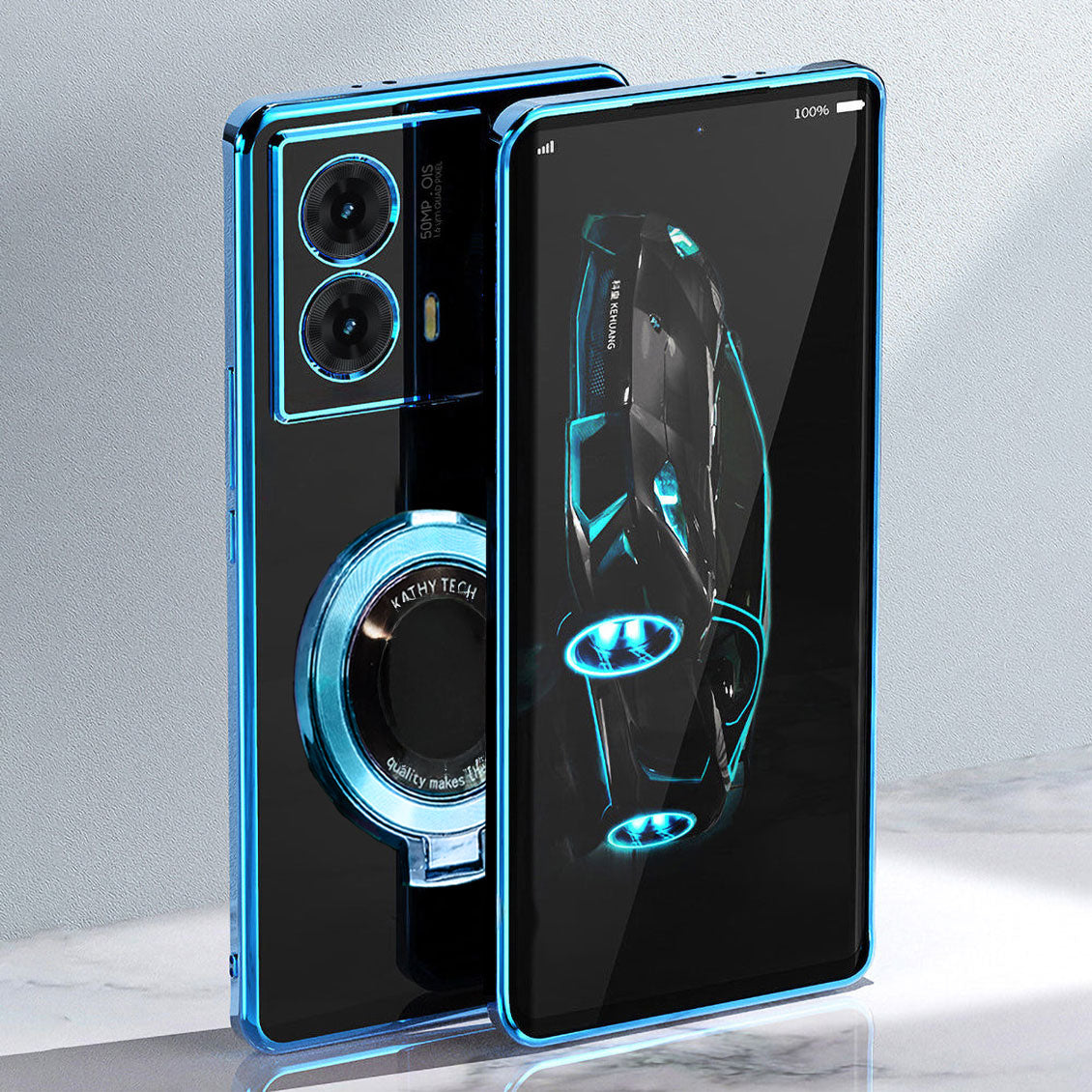 Smartphone with blue accents on a light gray background