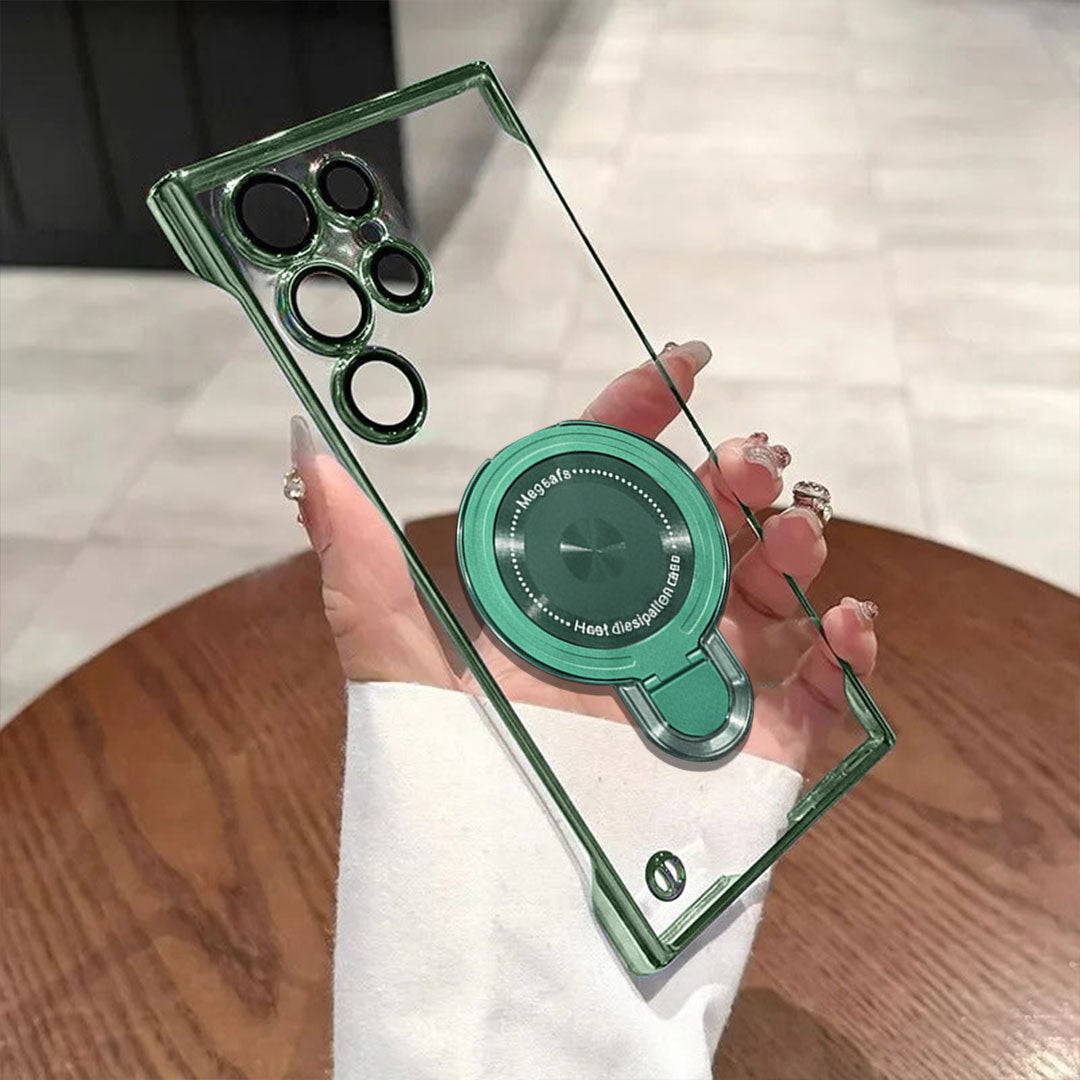 Samsung Galaxy S23 Ultra 5G Clear phone case with green accents held by a hand on a wooden surface.