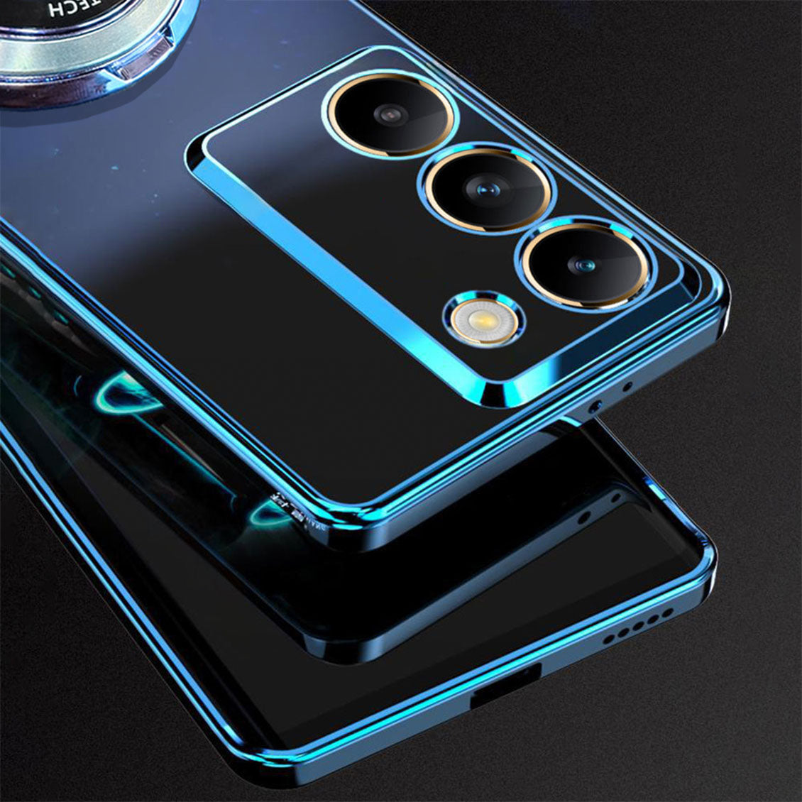 Phone case with reflective surface on a dark background