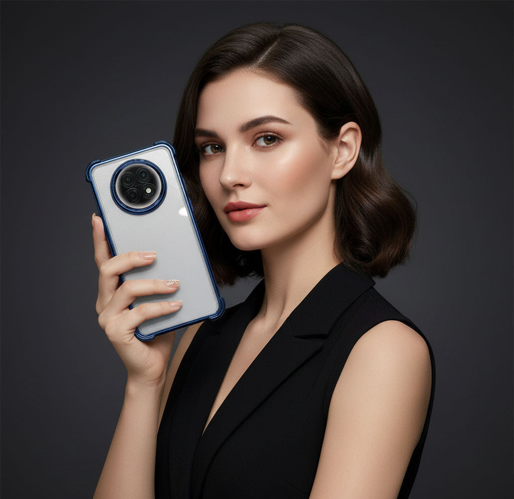 Woman holding a smartphone with a dark background
