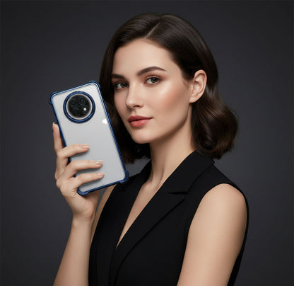 Woman holding a smartphone with a dark background
