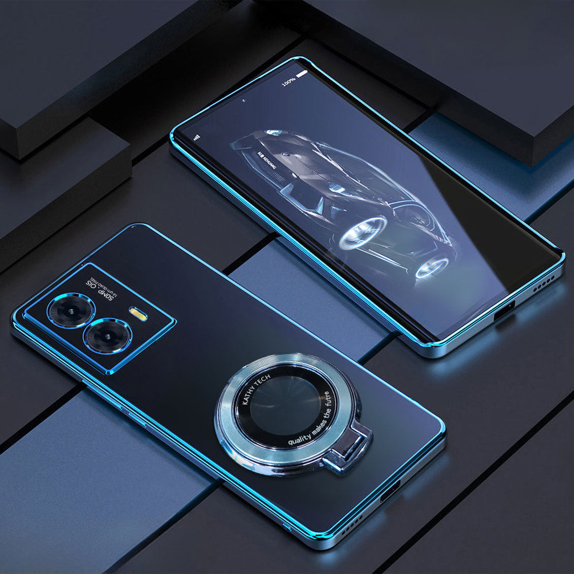 Two smartphones on a dark surface with a car displayed on one screen.