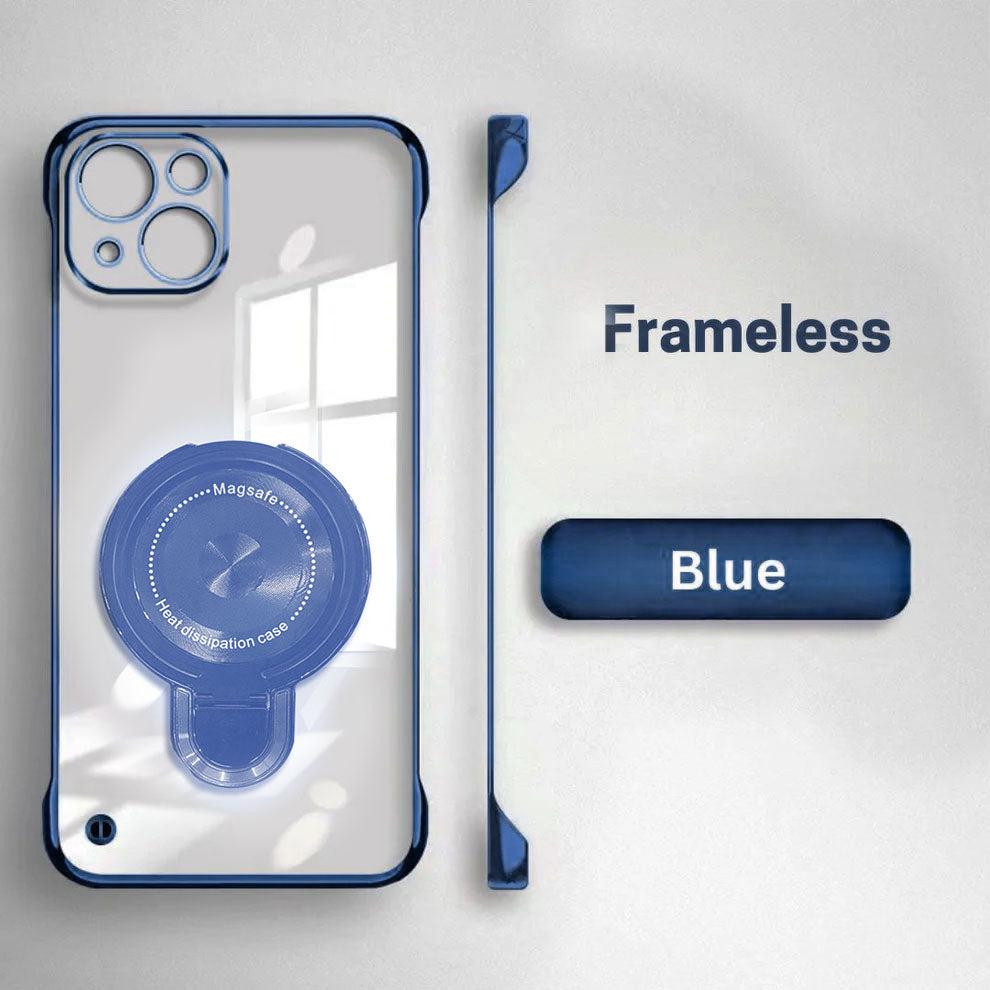 iPhone 15 Plus Blue frameless phone case with MagSafe ring on a white background