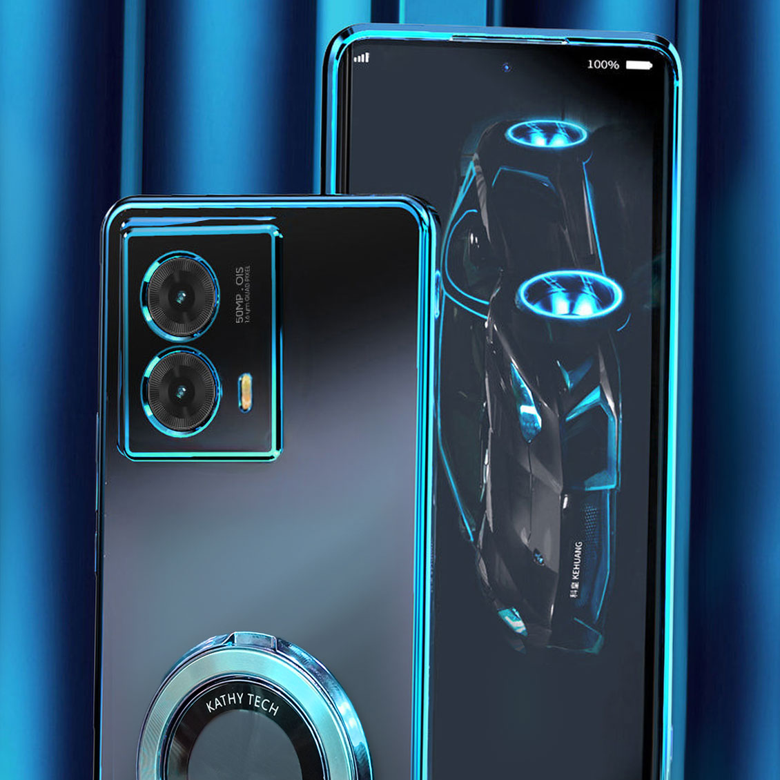 Smartphone with reflective surface and 'Kathy Tech' branding on a blue gradient background