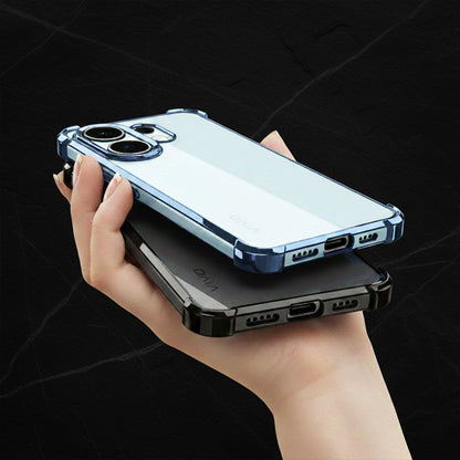 Hand holding a Vivo V60 5G smartphone with a clear protective case on a black background