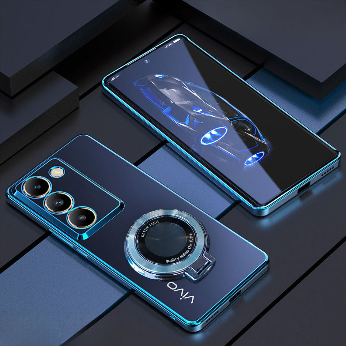 Two smartphones, one showing a car model and the other with a transparent back design, on a dark surface.
