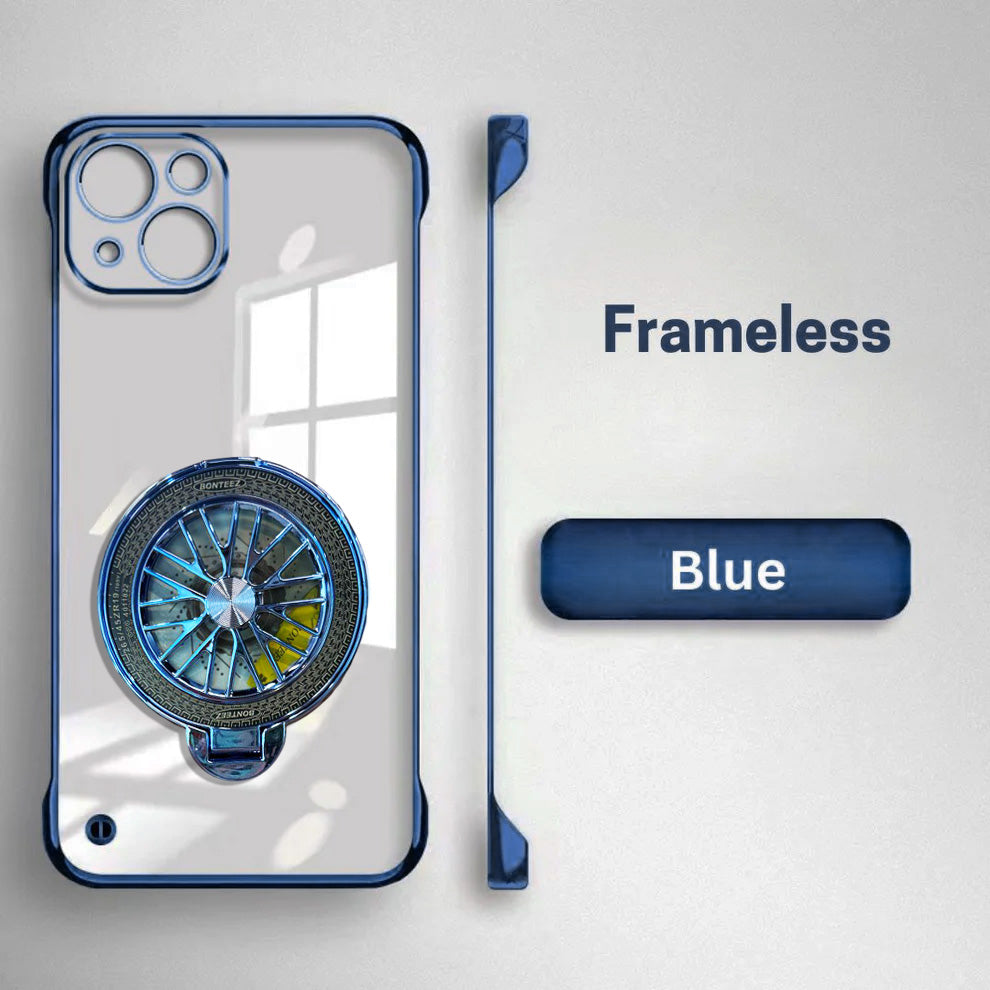 iPhone 15 Plus Blue frameless phone case with detailed design on a light gray background