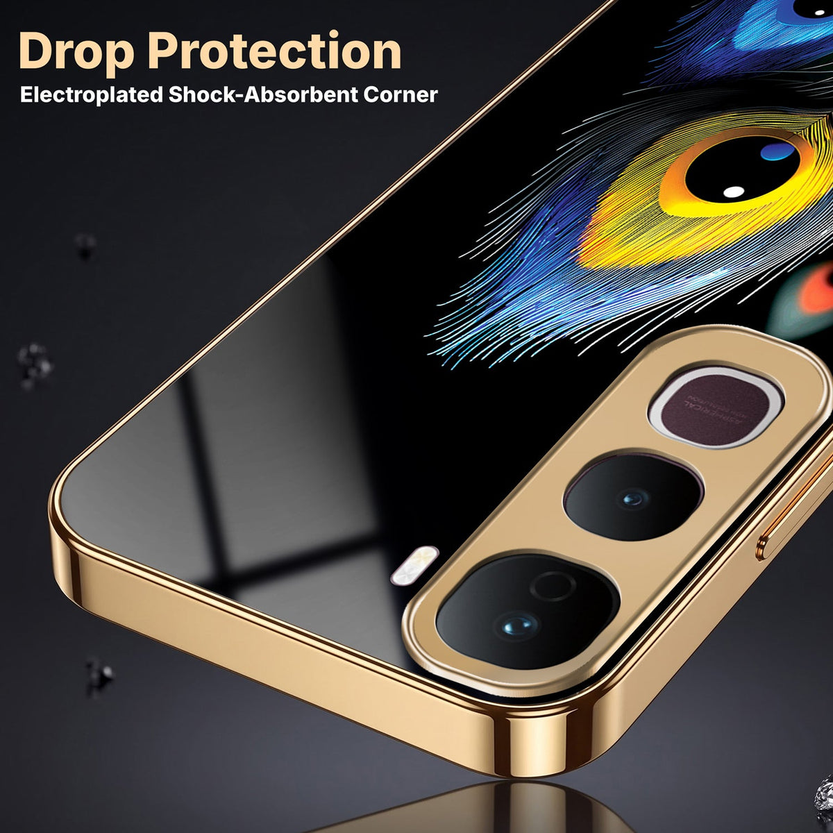 Vivo Y400 Pro 5G Premium Peacock Feather Gold Electroplated Glass Phone Back Case