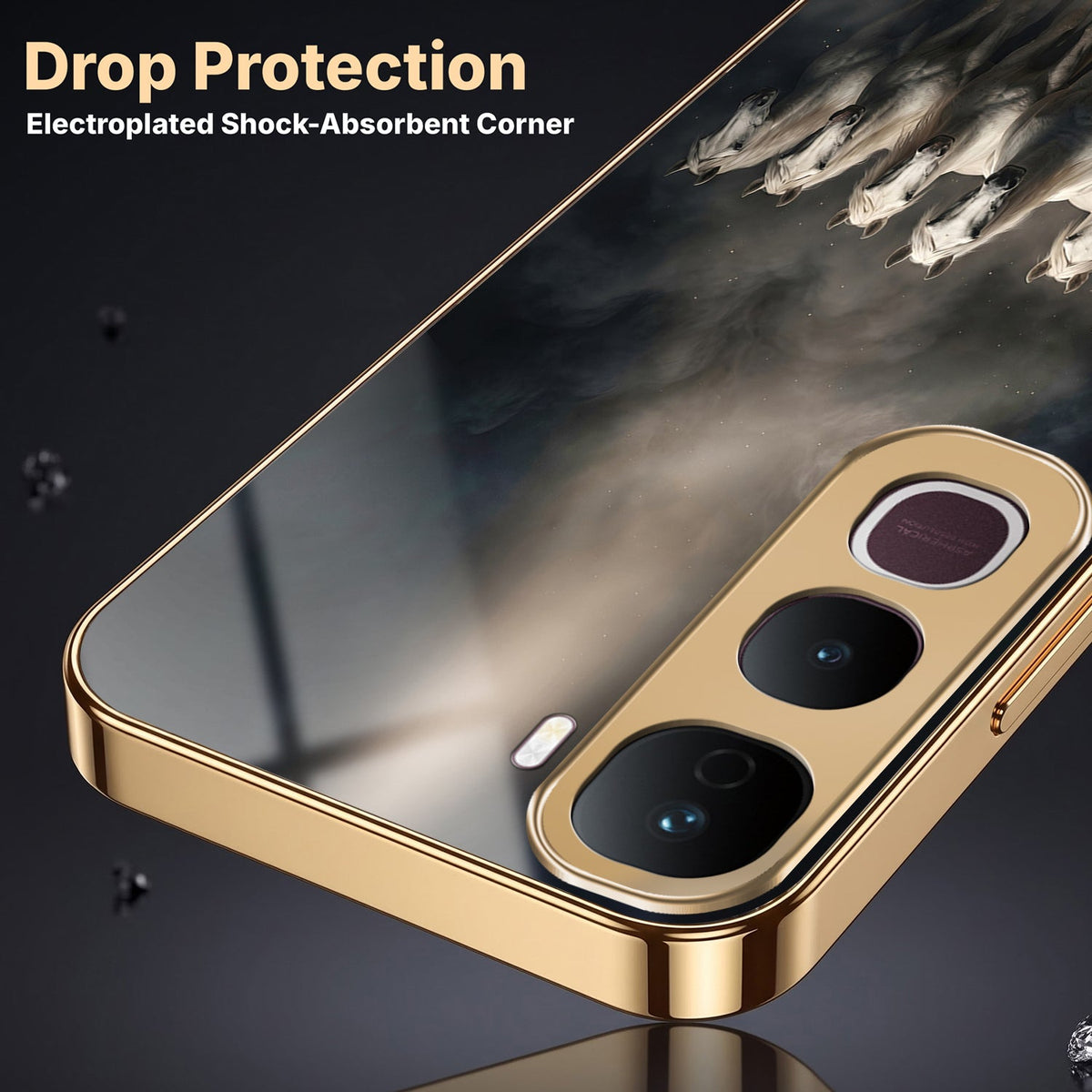 Vivo Y400 Pro 5G Running Horses Gold Electroplated Glass Phone Back Case