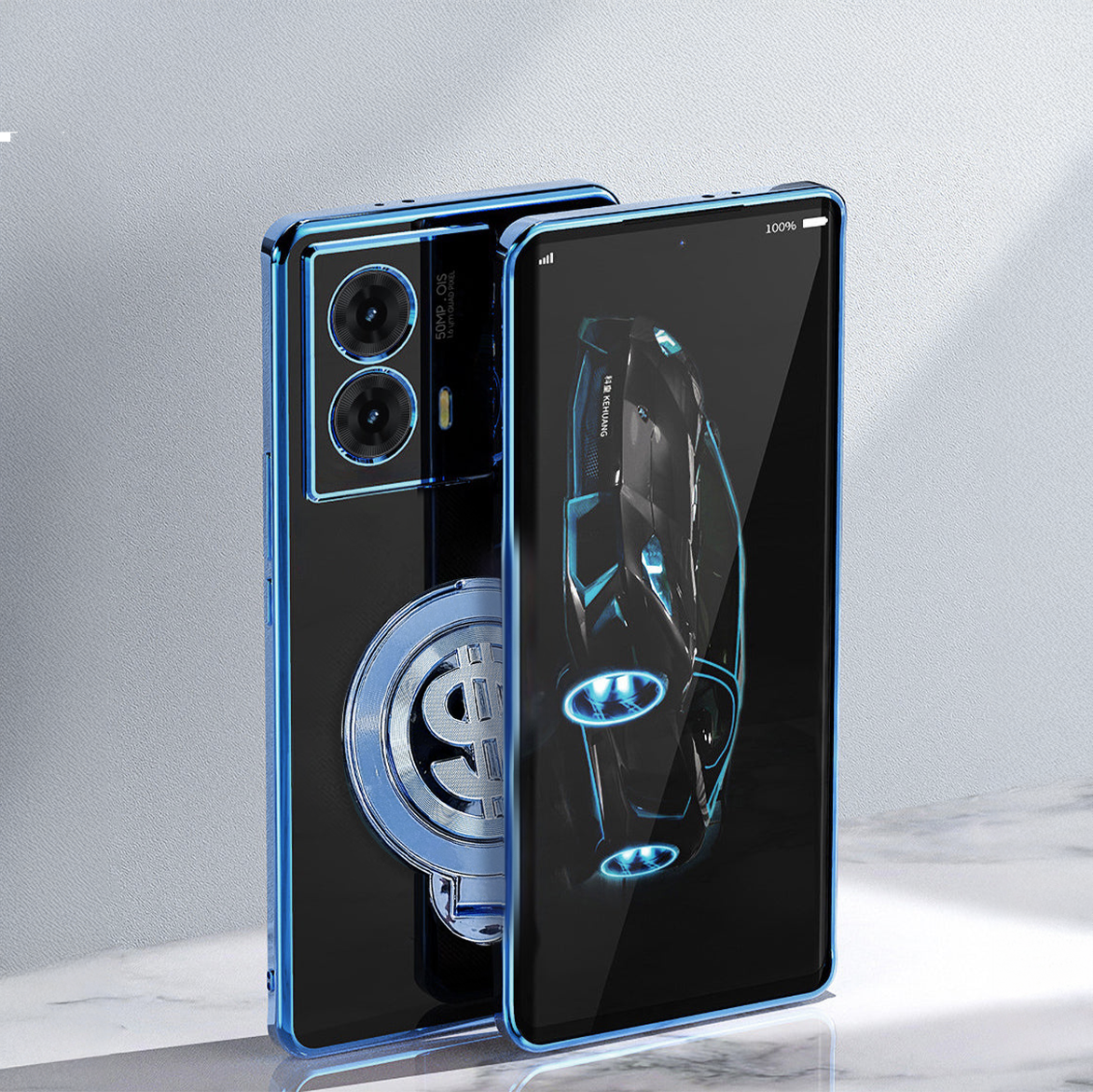 Smartphone with a futuristic design on a gray background