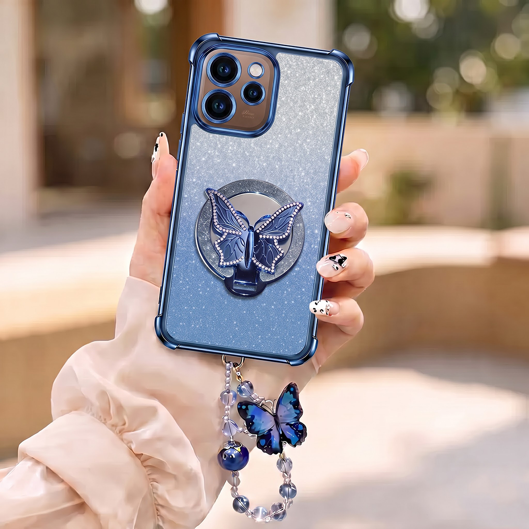 Oppo Reno 15 Pro Mini 5G Shockproof Shimmer Butterfly Stand Case with Charm Strap