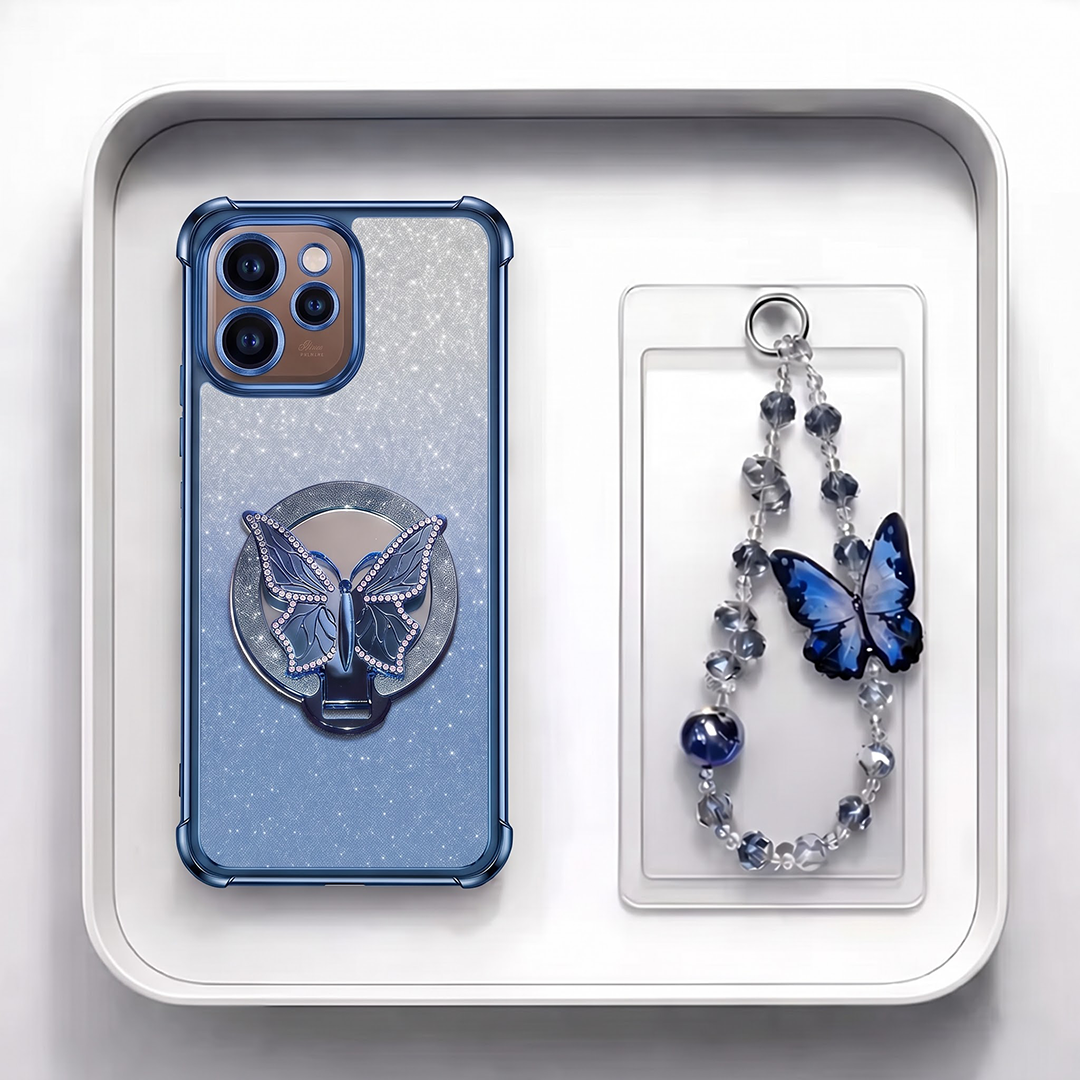 Oppo Reno 15 Pro Mini 5G Shockproof Shimmer Butterfly Stand Case with Charm Strap