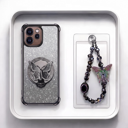 Oppo Reno 15 Pro Mini 5G Shockproof Shimmer Butterfly Stand Case with Charm Strap
