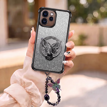 Oppo Reno 15 Pro Mini 5G Shockproof Shimmer Butterfly Stand Case with Charm Strap