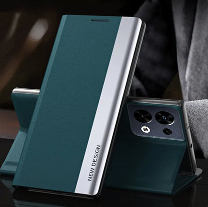 Green phone case with 'NEW DESIGN' text on a blurred background