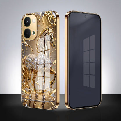 Vivo T5X 5G Luxury Horse Texture Gold Electroplated Glass Phone Back Case