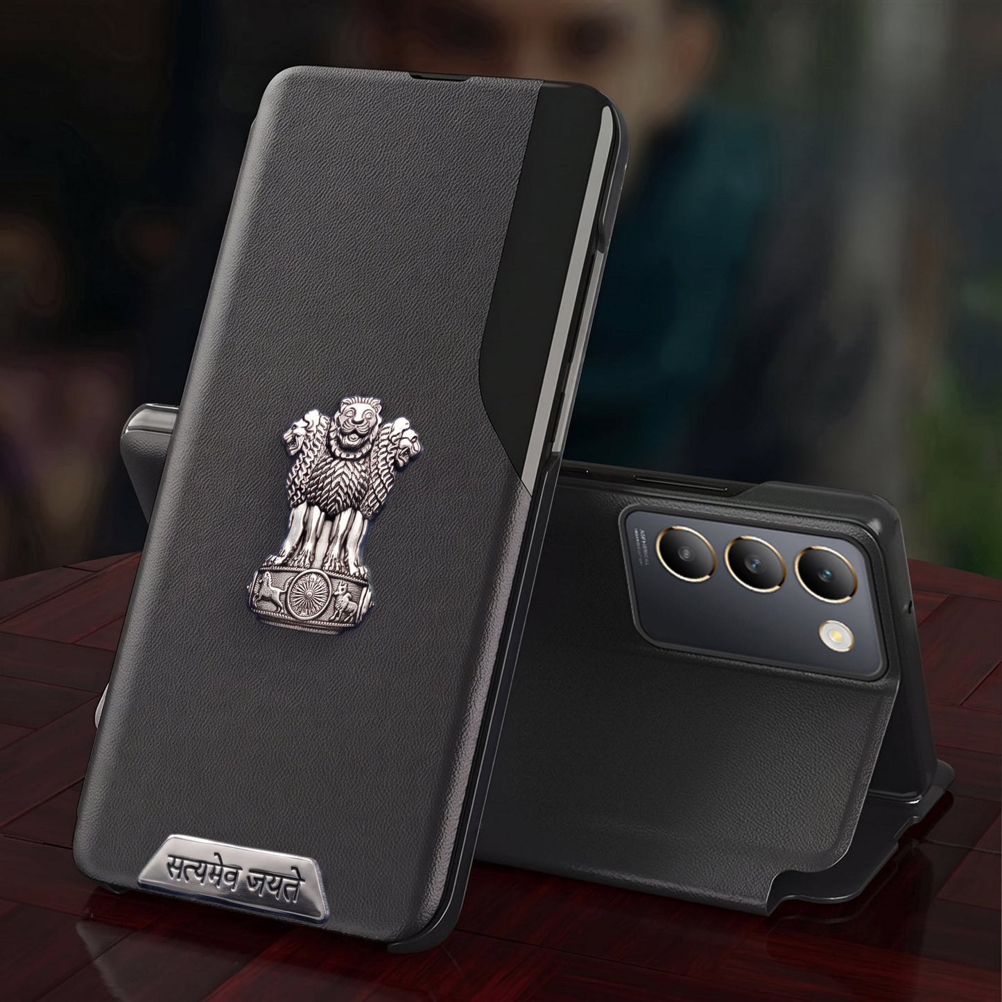 Vivo T3 5G Metal Satyamev Jayate 2-in-1 Emblem Half-Window Leather Flip Case
