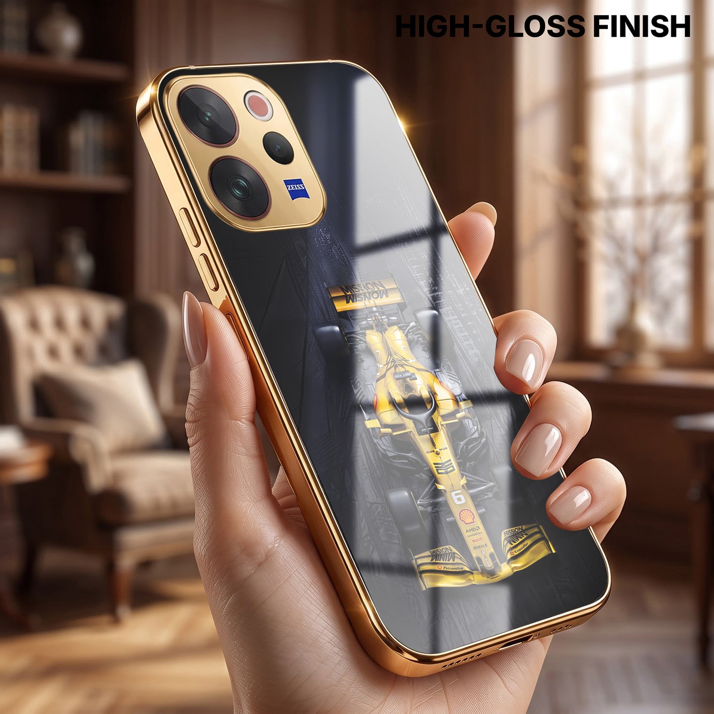 Vivo V70 5G F1 Racing Car Gold Electroplated Glass Phone Back Case