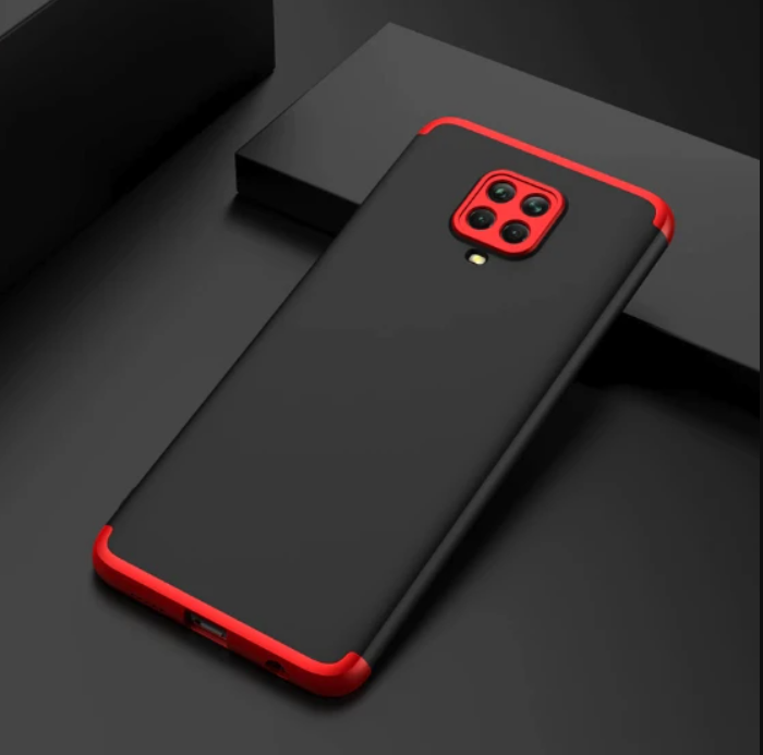 A smartphone case with a matte black back cover and a red accent on the corners, showcasing a phone's camera and buttons.
