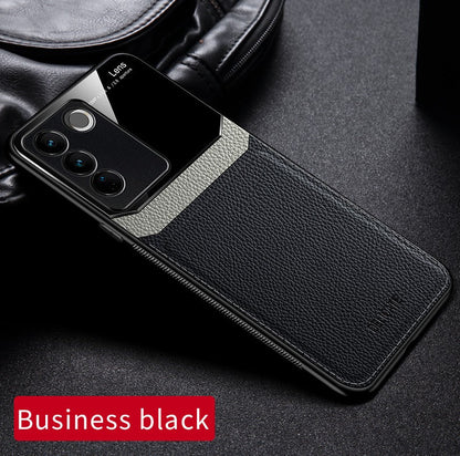 A black protective case for a Vivo V27 5G smartphone featuring a leather lens design.