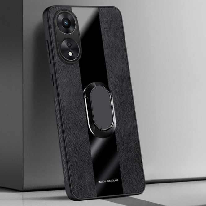 A black Oppo Reno 8T 5G smartphone in a premium leather case with an autofocus ring feature visible on the back.