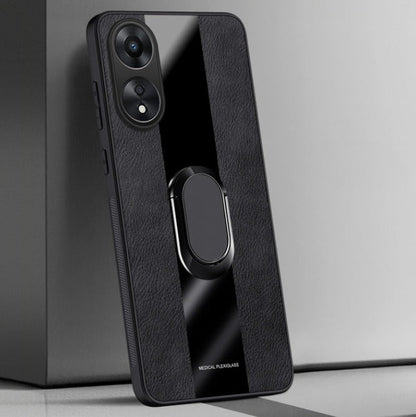 A black Oppo Reno 8T 5G smartphone in a premium leather case with an autofocus ring feature visible on the back.